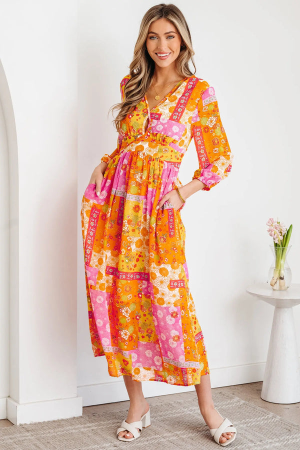 Orange Floral Patchwork Bracelet Sleeve Tied Back Maxi Dress Women UK — front view