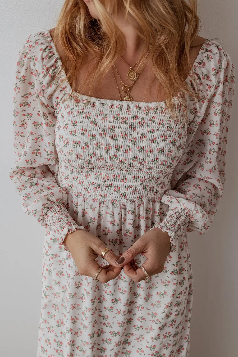 White Floral Shirred Square Neck Ruffled Hem Midi Dress Women UK