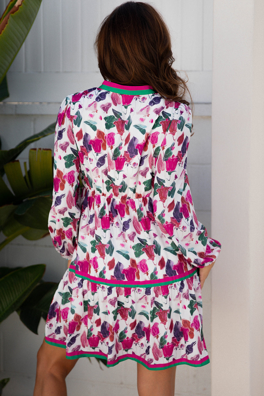 Purple Floral Contrast Striped Detail Long Sleeve Mini Dress Women UK — side view