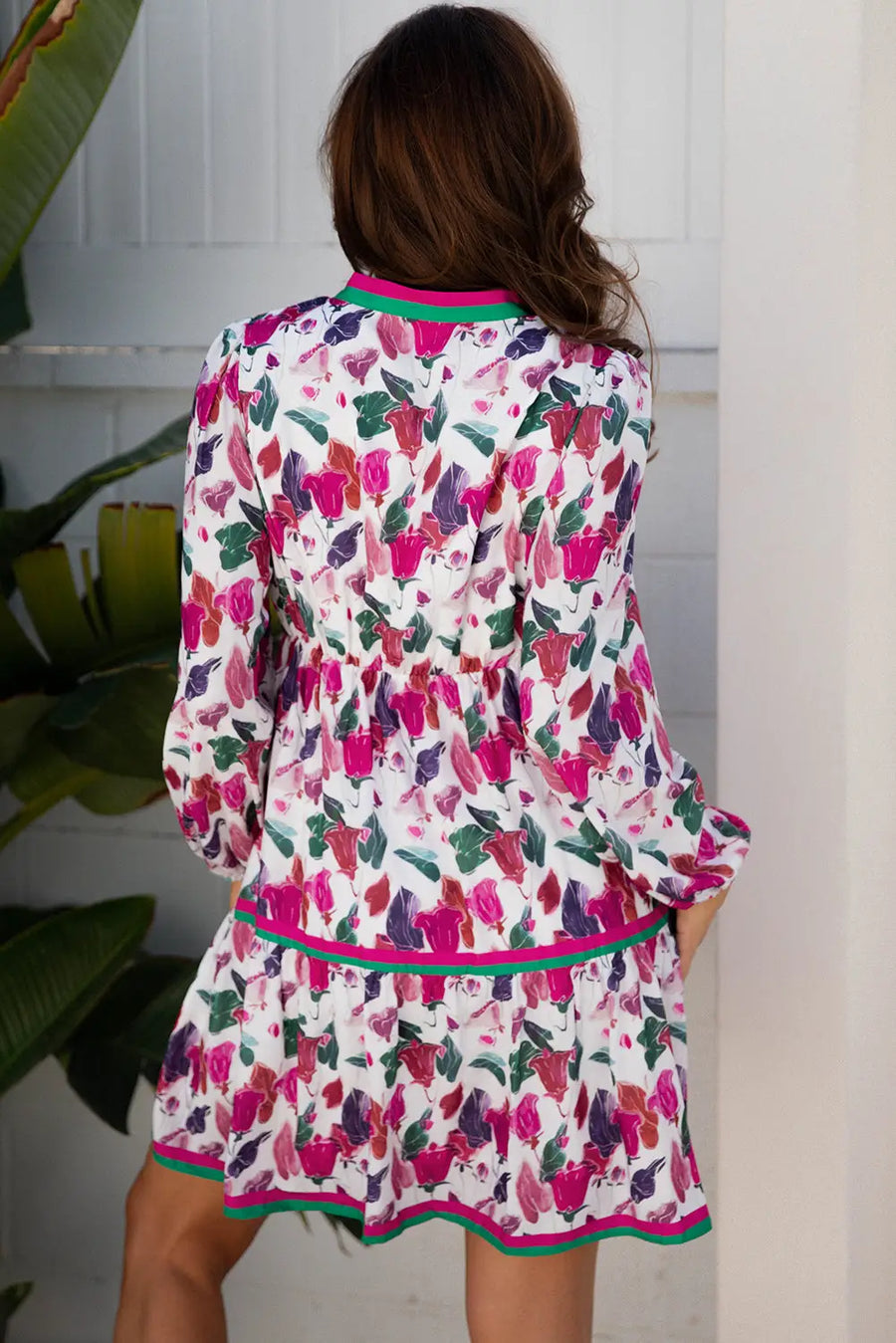 Purple Floral Contrast Striped Detail Long Sleeve Mini Dress Women UK — side view