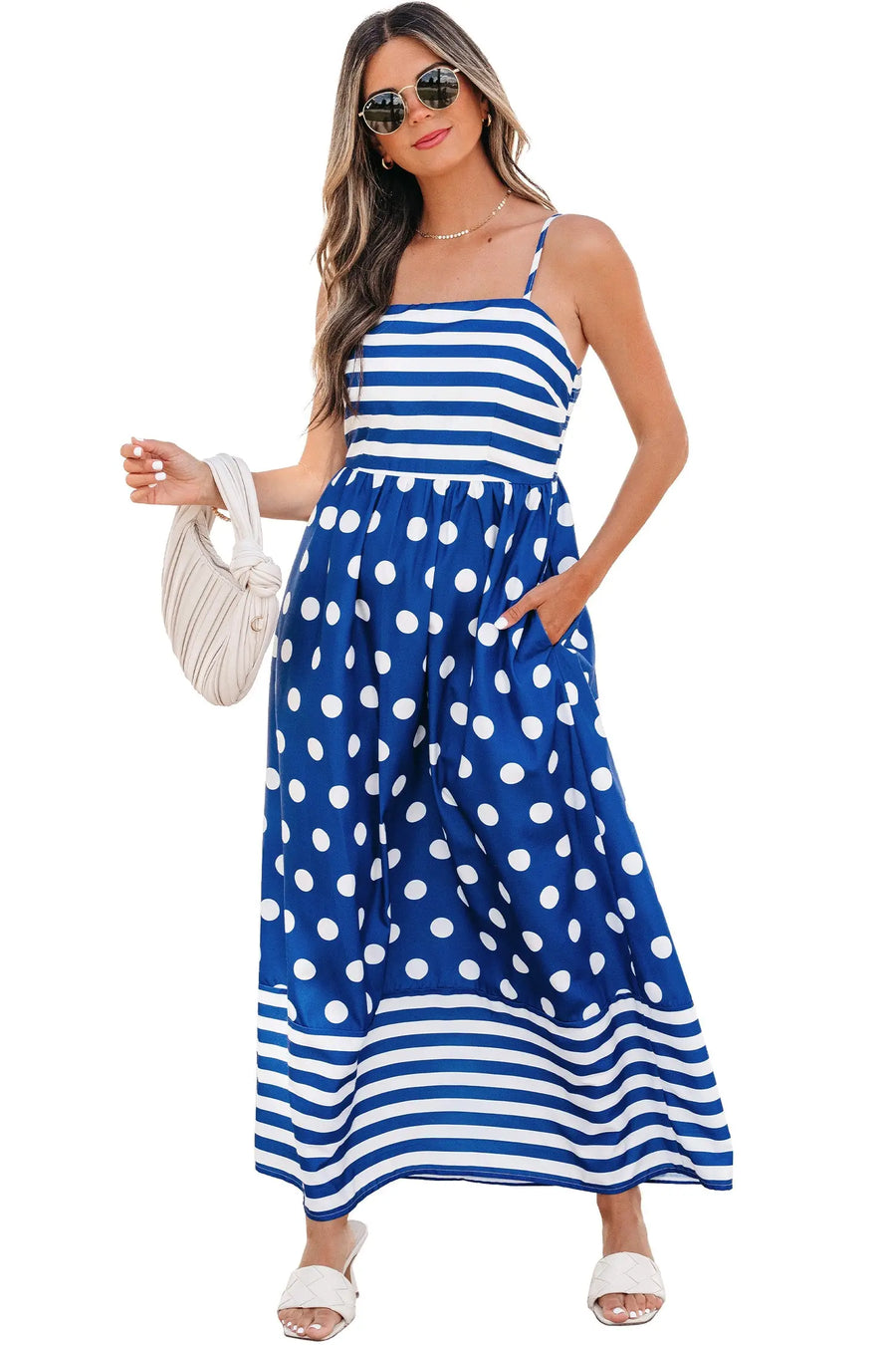 Blue striped polka dot patchwork high waist spaghetti strap maxi dress dresses