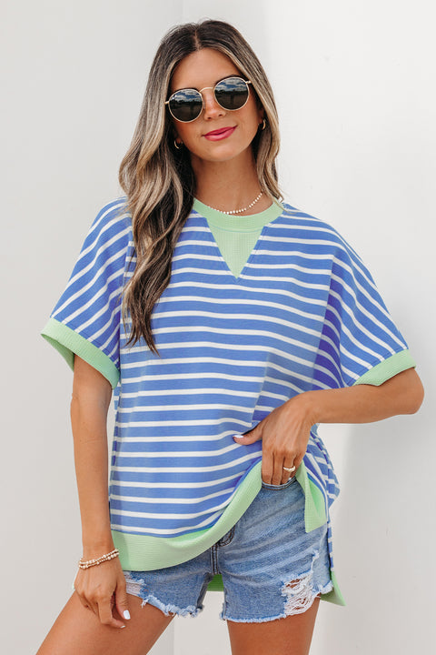 Stripe Contrast Trim Loose Short Sleeve Top Women UK