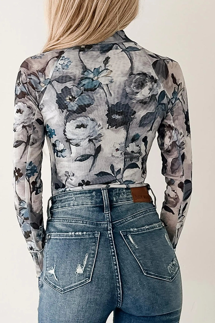 Sky Blue Floral Mesh High Neck Long Sleeve Sheath Top — styled outfit look | Fashionfitz UK