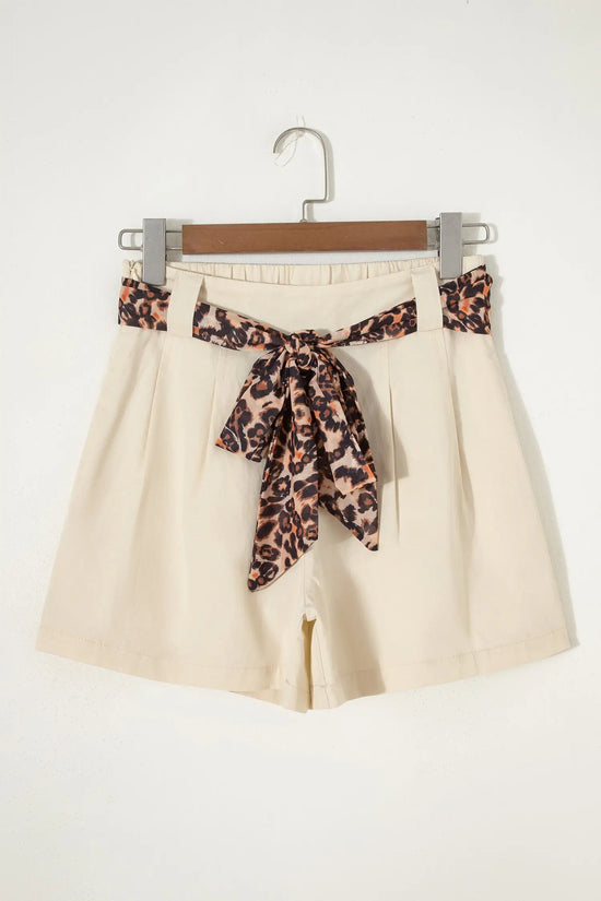 Women’s leopard sash belt pleated high waist wide leg shorts
