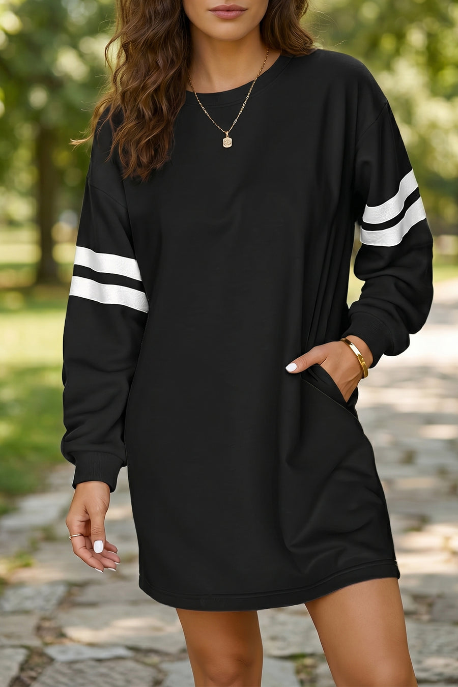 Varsity Contrast Banded Sleeve Sweatshirt Dress Mini Shift with Pockets — front view | Fashionfitz UK