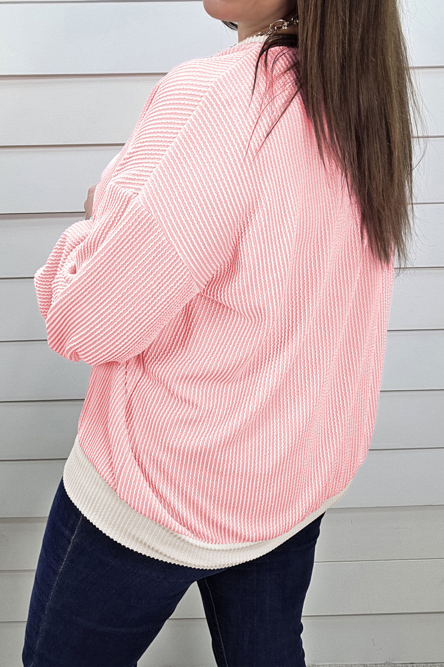 Plus Size Ribbed Knit Colorblock Long Sleeve Blouse Women UK
