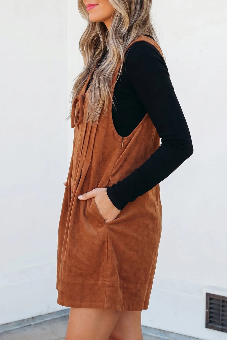 Cinnamon Corduroy Sleeveless Romper Tie V-Neck — back view | Fashionfitz UK