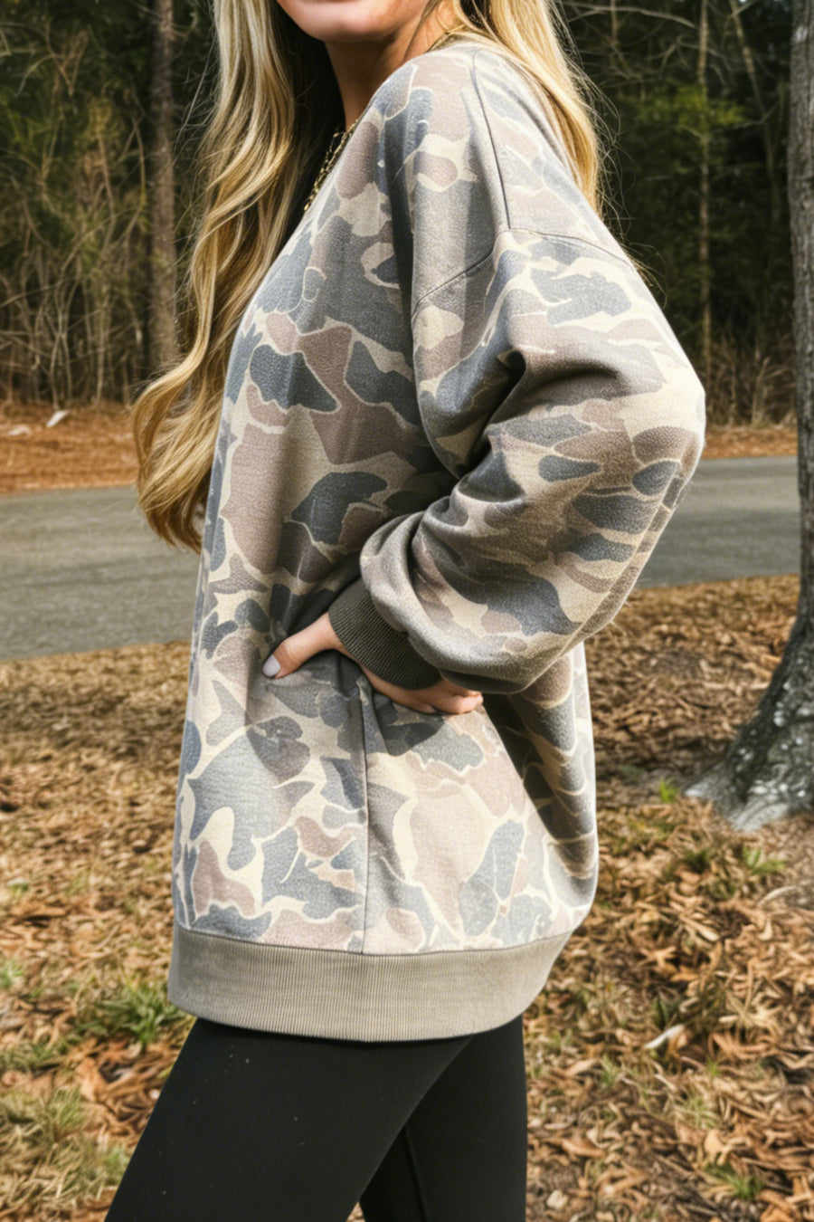 Camo Print Ribbed Trim Pullover Sweatshirt Women UK