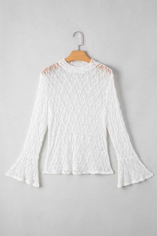 White Sheer Lace Bell Sleeve Blouse