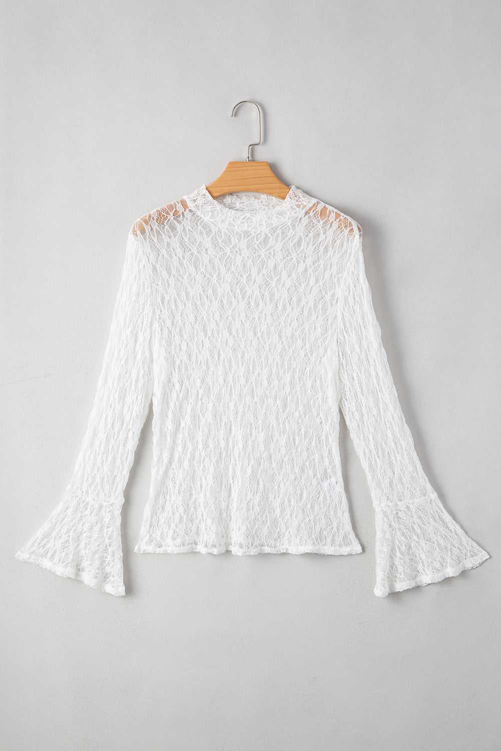 White Sheer Lace Bell Sleeve Blouse