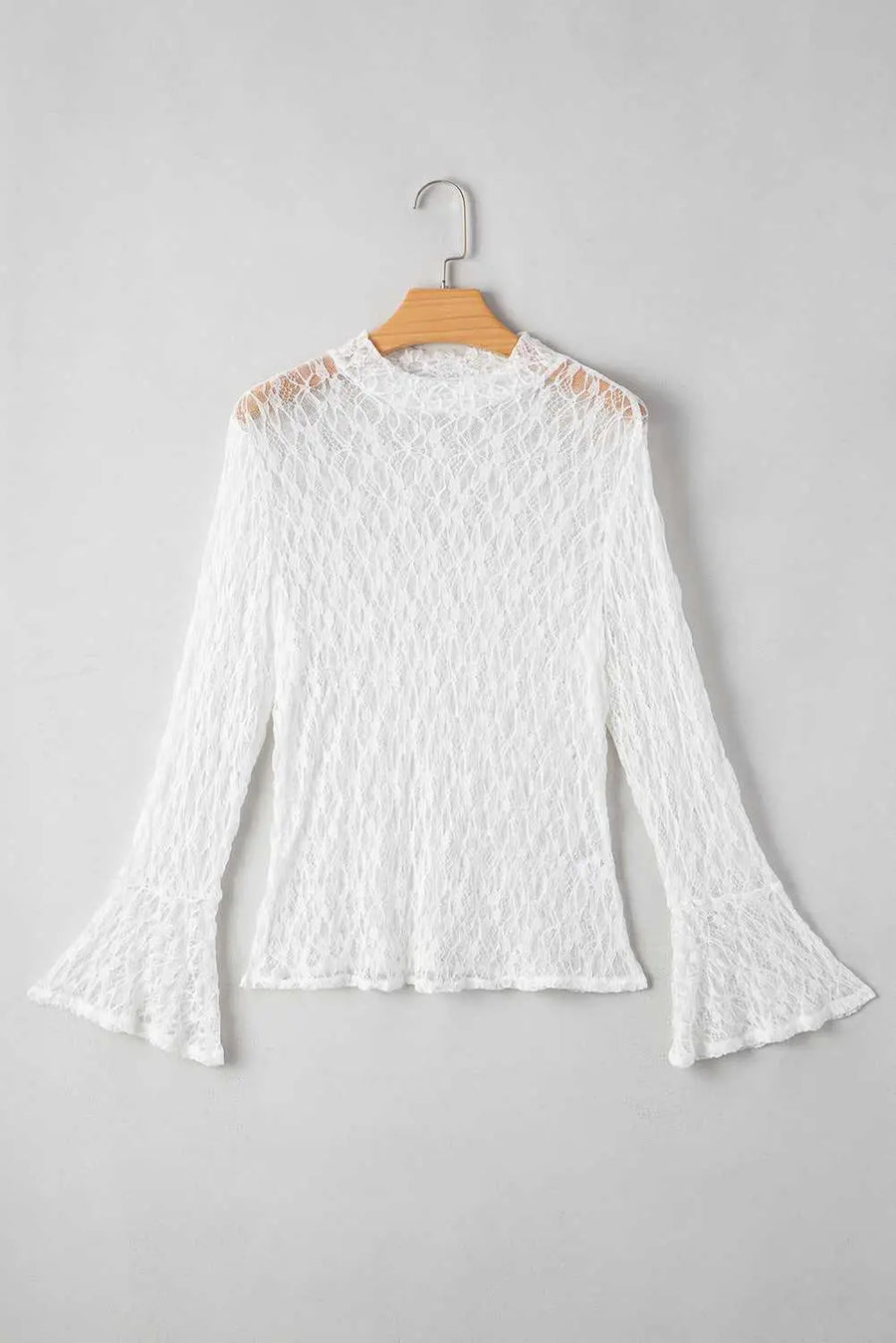 Close-up of White Sheer Lace Bell Sleeve Mock Neck Blouse showing semi-transparent sheer lace fabric detail — Fashionfitz