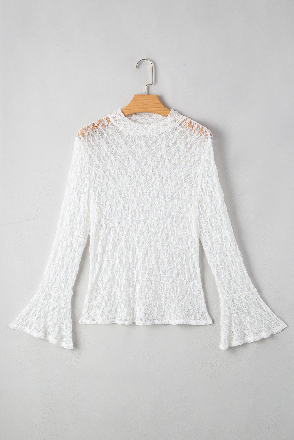White Sheer Lace Bell Sleeve Blouse