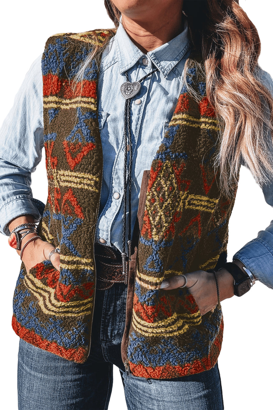 Multicolour Western Print Faux Fur Metal Zipper Insert Pockets Sleeveless Vest
