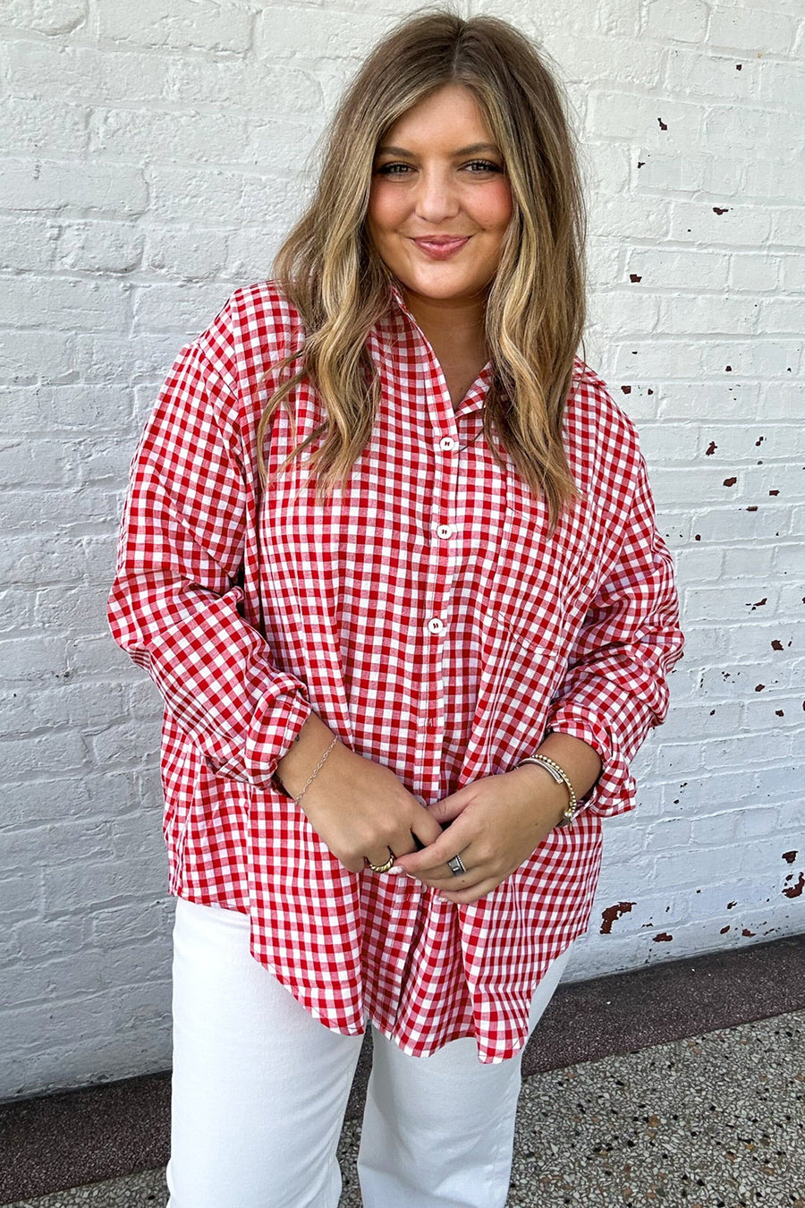 Plaid V Neck Long Sleeve Tunic Loose Fit Plus Size Shirt Women UK