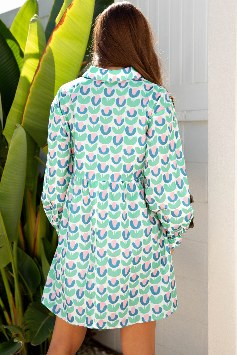 Green Floral Scalloped Notched Neck Long Sleeve Mini Dress Women UK