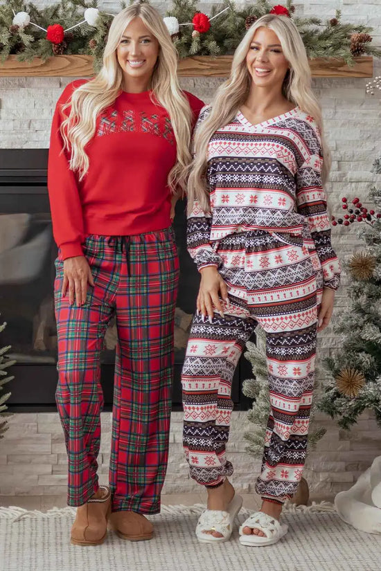 Black christmas retro print lounge set v-neck top high waist pants loungewear
