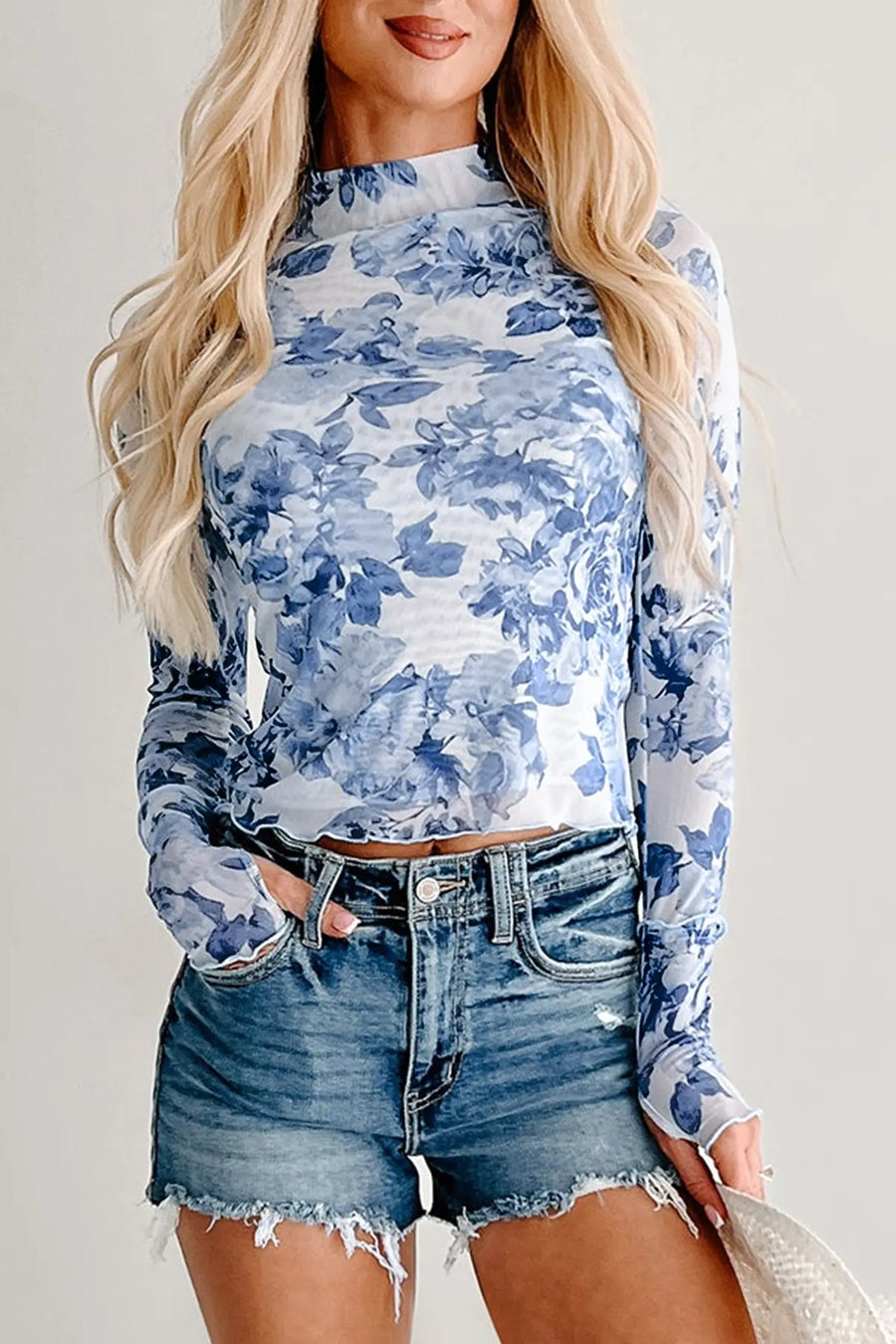 Sky blue floral print long sleeve stand neck mesh top side women UK