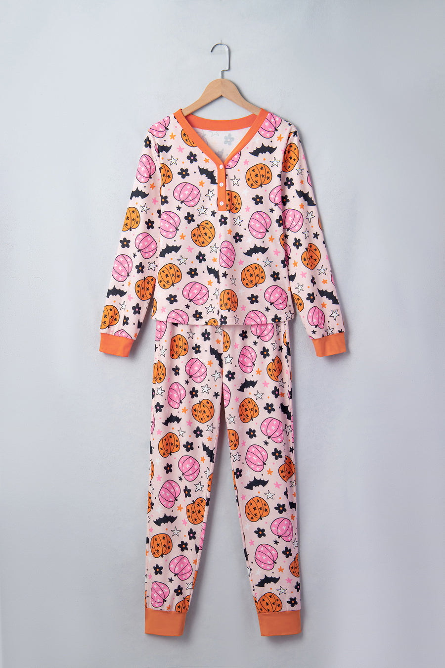 Pink Halloween Pumpkin Print Long Sleeve Home Wear Lounge Set