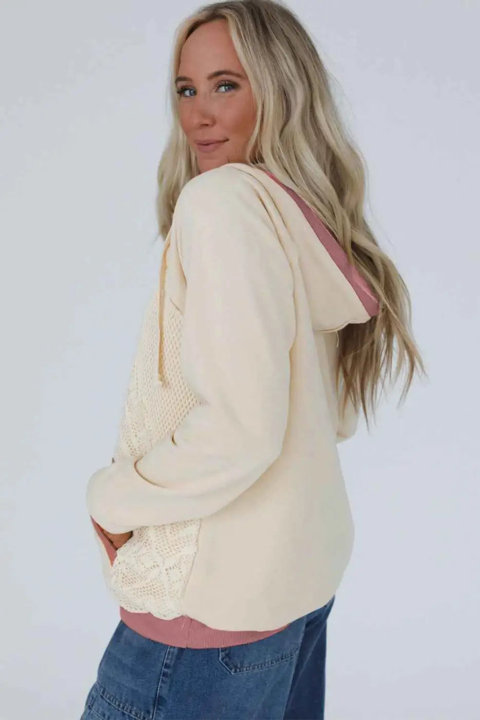 Women’s white contrast trim crochet knit hoodie | fadhionfitz
