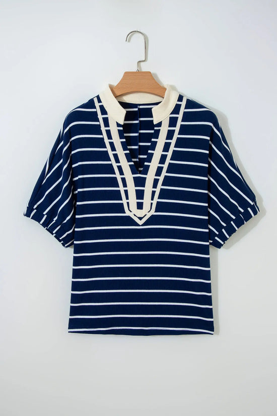 Black stripe v-neck stand collar dolman top women uk