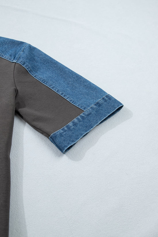 Colour Block Denim Patchwork Polo Collar T-Shirt Dress Women UK