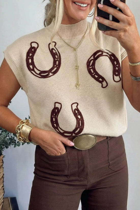 Corded horseshoe western sweater ribbed mock neck short sleeve loose knit sweaters