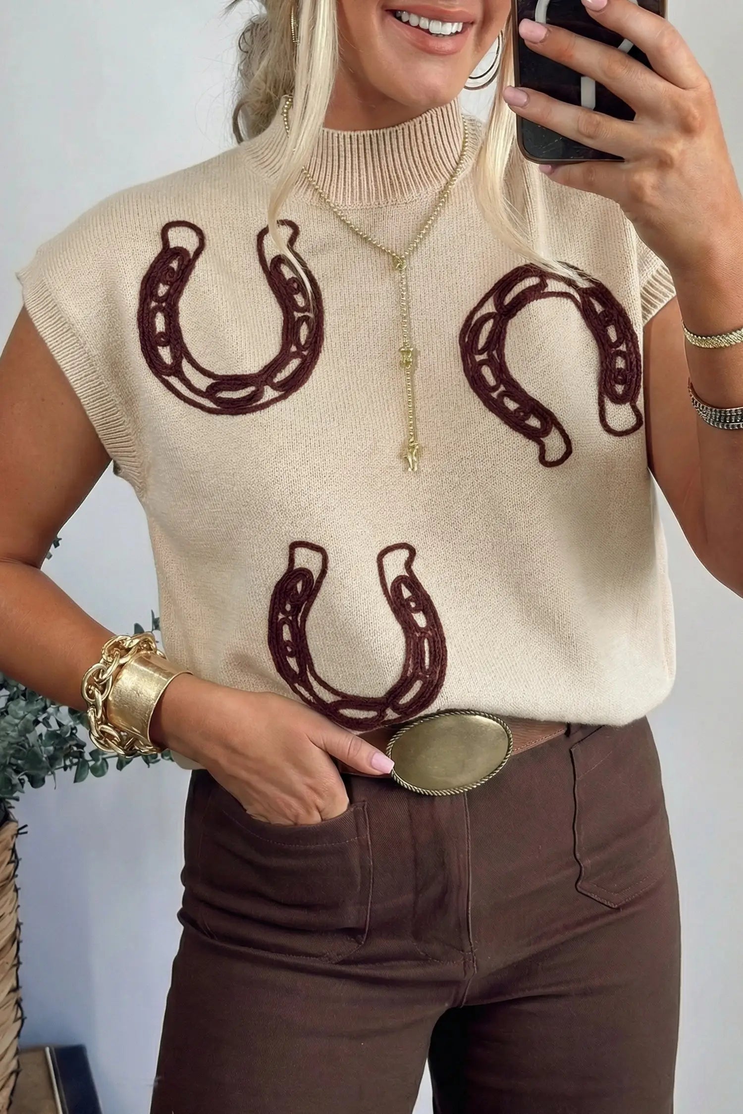 Corded horseshoe western sweater ribbed mock neck short sleeve loose knit sweaters