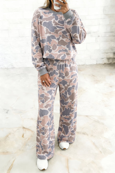Camo Print Long Sleeve Top Wide Leg Pants Set Women UK