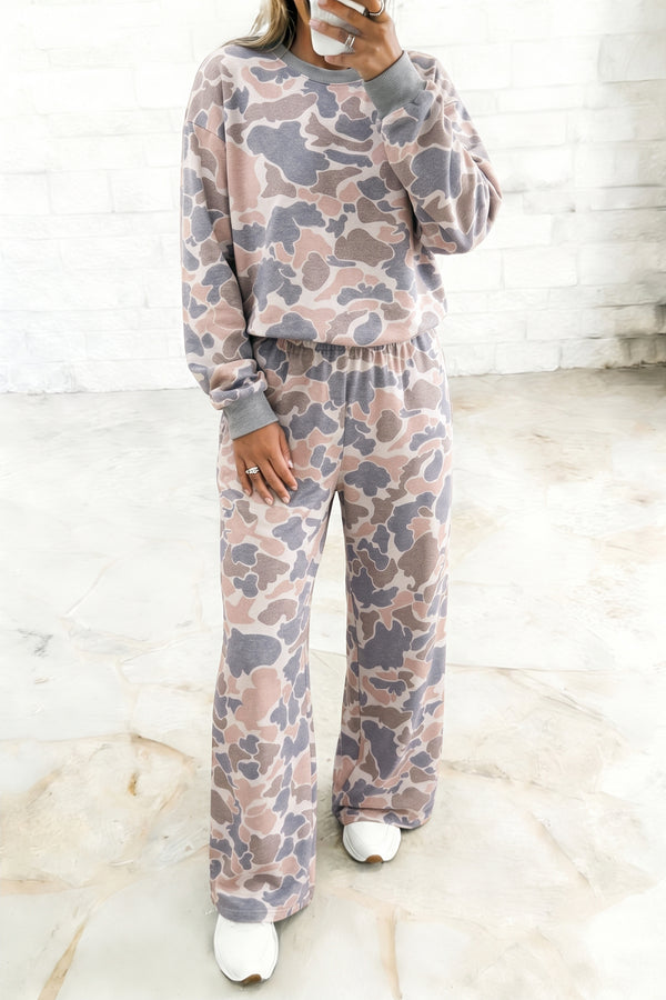 Camo Print Long Sleeve Top Wide Leg Pants Set Women UK