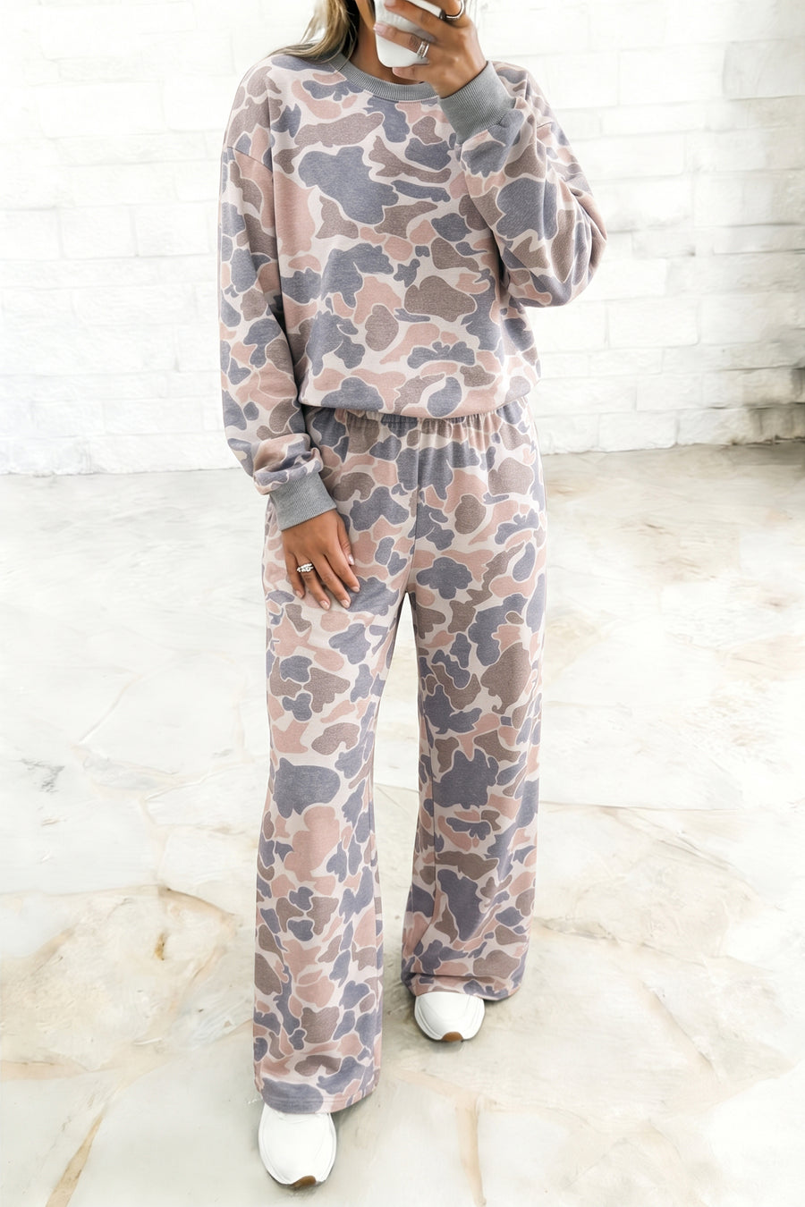 Camo Print Long Sleeve Top Wide Leg Pants Set Women UK