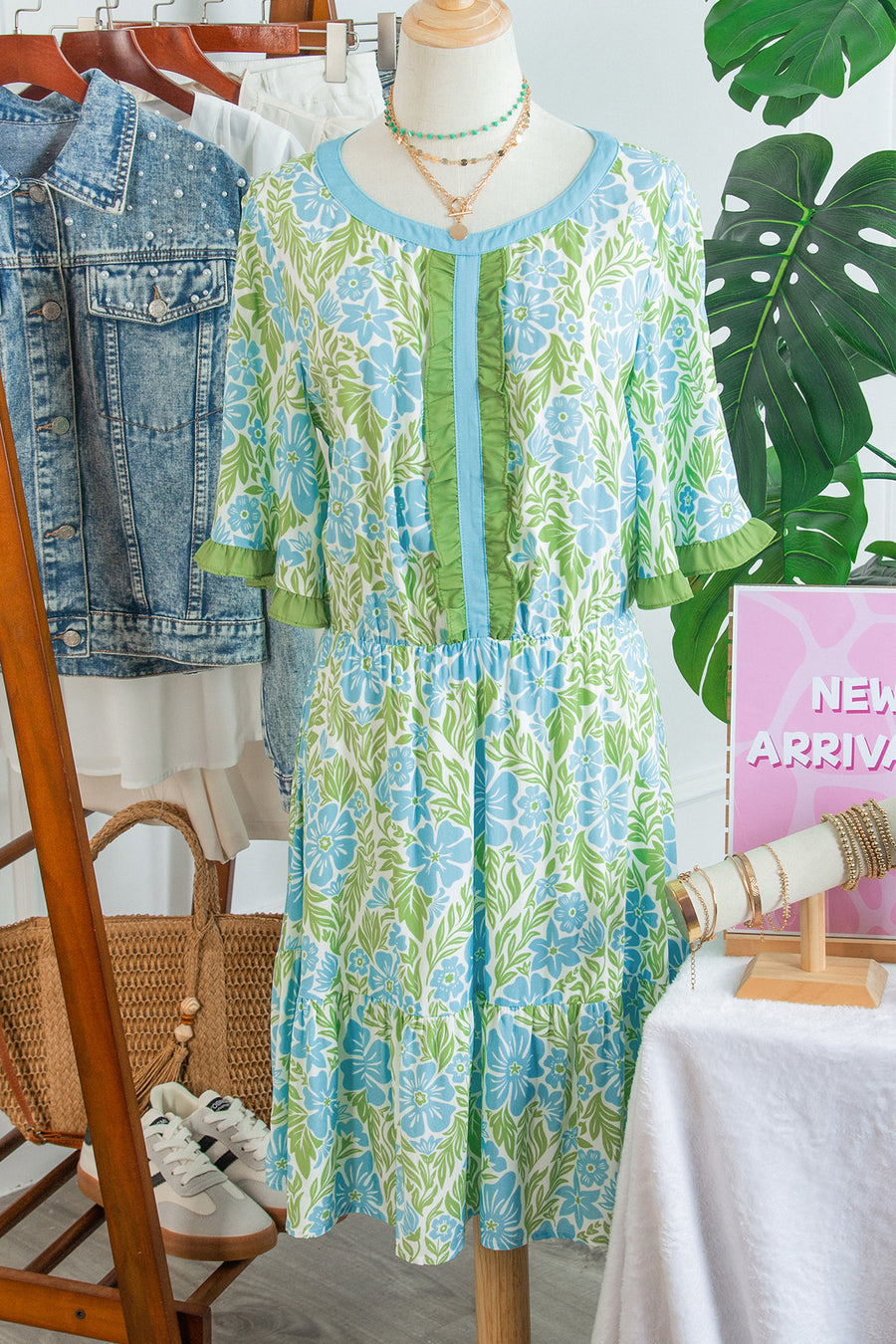 Sky Blue Floral High Waist Ruffle Short Sleeve Mini Dress Women UK