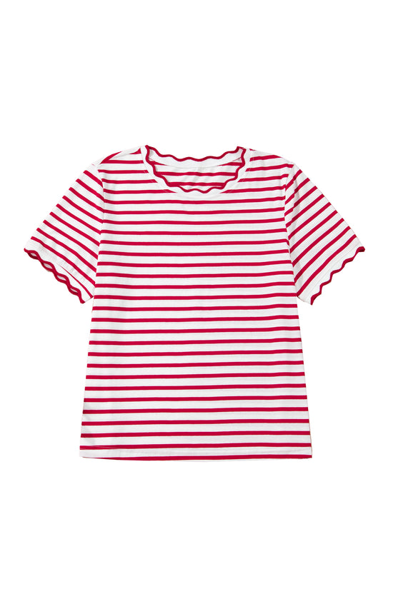 Scalloped Trim Stripe Cotton T-Shirt Round Neck Short Sleeve