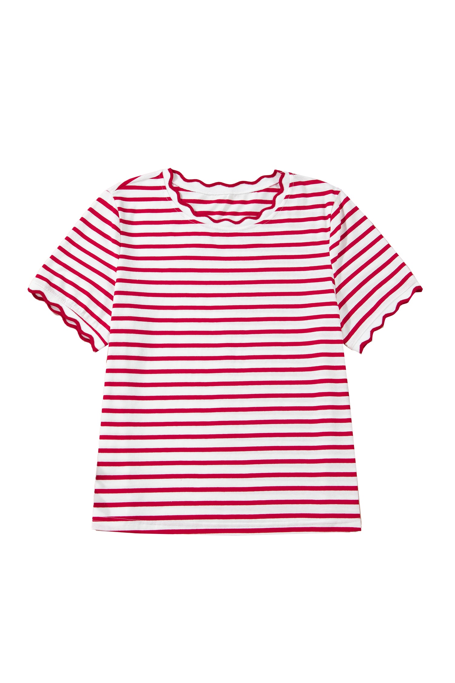 Scalloped Trim Stripe Cotton T-Shirt Round Neck Short Sleeve