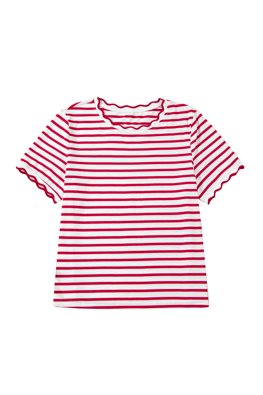 Scalloped Trim Stripe Cotton T-Shirt Round Neck Short Sleeve