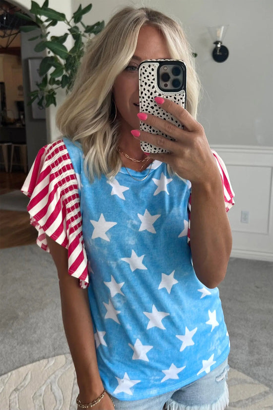 Sky blue vintage star print striped ruffle sleeve top blouses