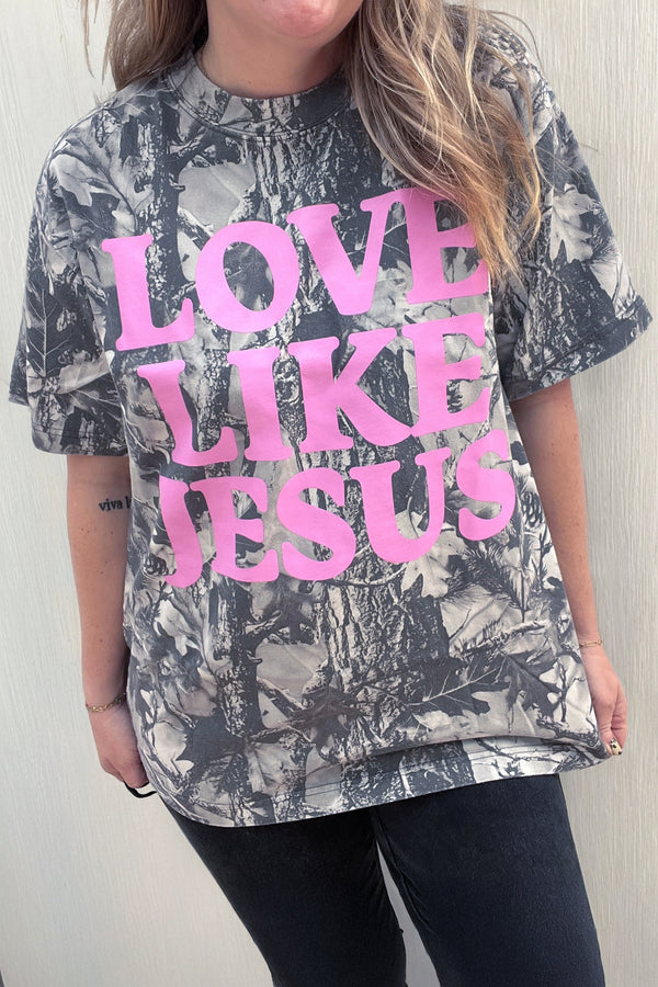 Camouflage LOVE LIKE JESUS plus size graphic tee in grey — front view