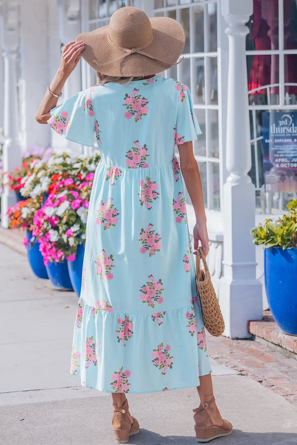 Sky Blue Floral Notched Neck Flutter Short Sleeve Maxi Dress Women UK — back view