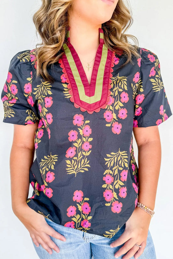 Plus size floral ricrac trim cotton blouse puff sleeve v neck colourblock blouses