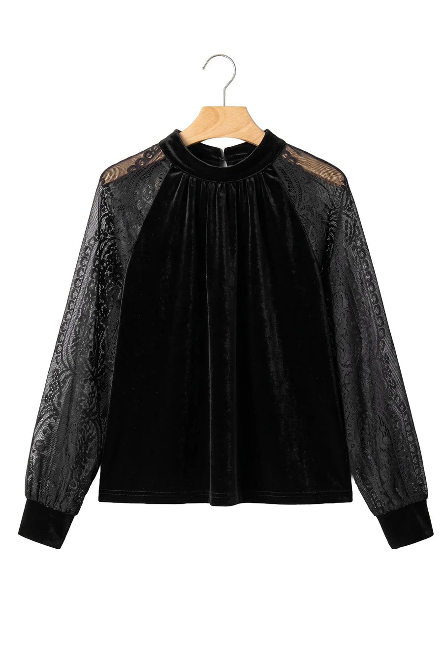 Sheer Lace Velvet Patchwork Stand Neck Blouse Women UK