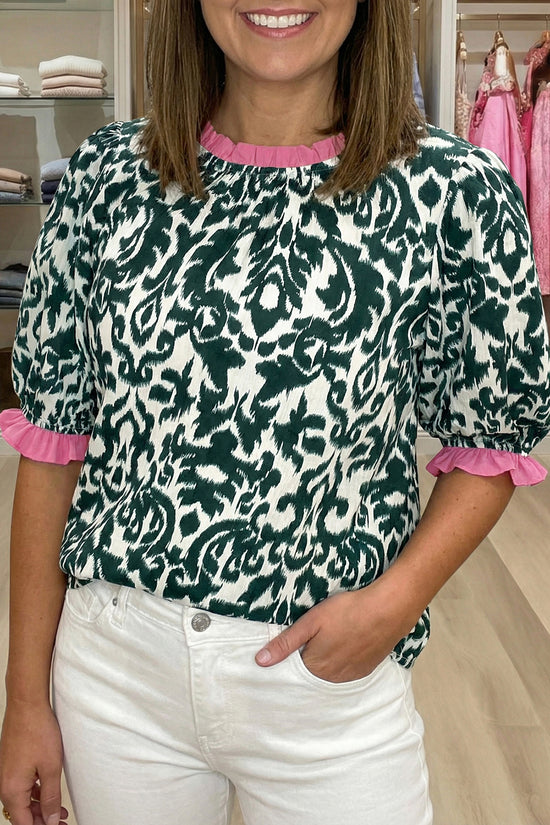 Damask Print Ruffled Colourblock Puff Sleeve Blouse Round Neck Shift