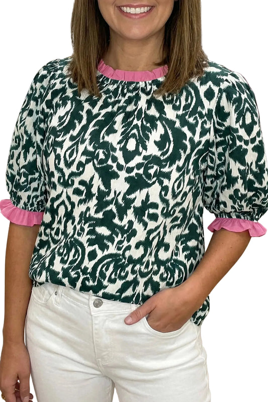 Green damask ruffled color block puff sleeve blouse