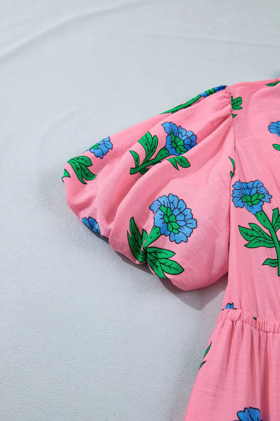 Plus size floral striped v-neck puff sleeve ruffle tiered maxi dress dresses