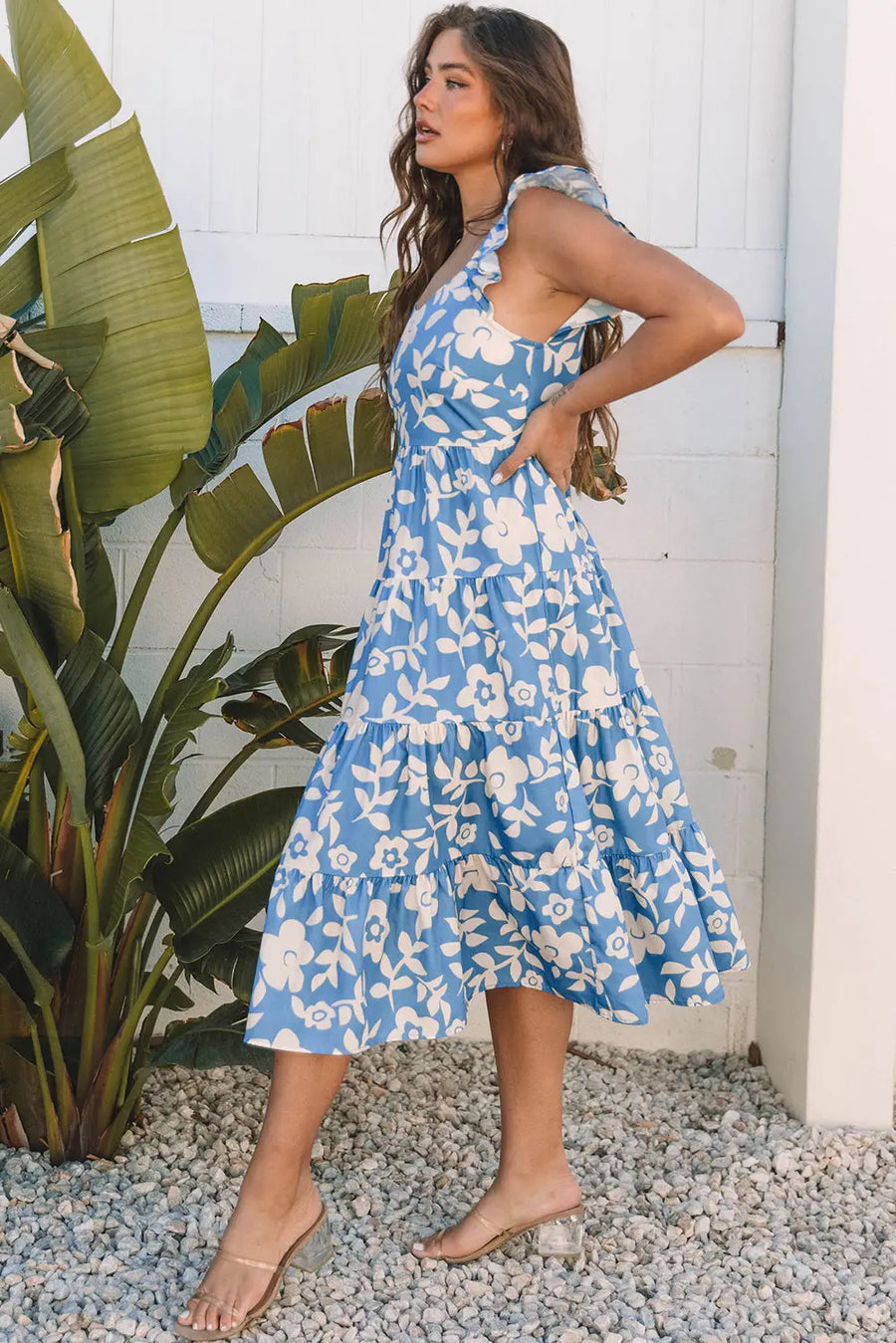 Sky Blue Floral Flutter Shoulder Tiered Midi Dress Women UK
