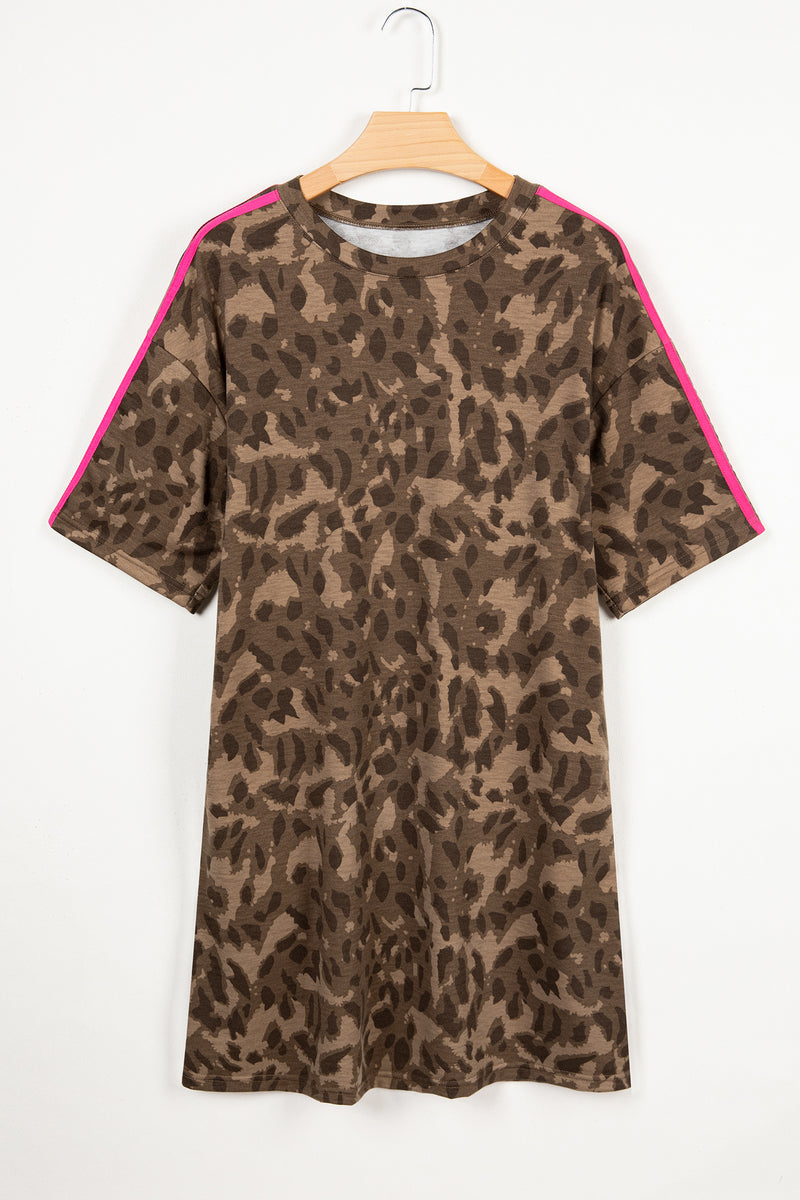 Leopard Stripe Accent T-Shirt Mini Dress Pockets Women UK