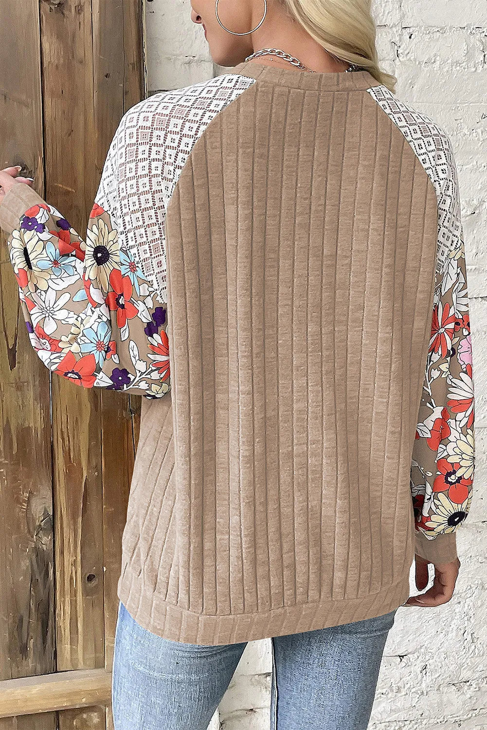 Floral Sleeve Ribbed Blouse - Fashionfitz