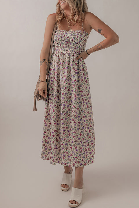 Multicolour boho floral smocked waist fit flare sundress women UK front view