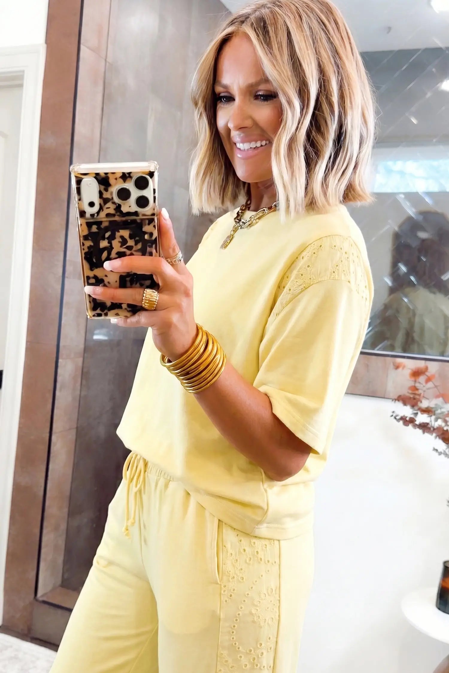 Lace Patchwork Half Sleeve Top & Wide Leg Pants Two Piece Set