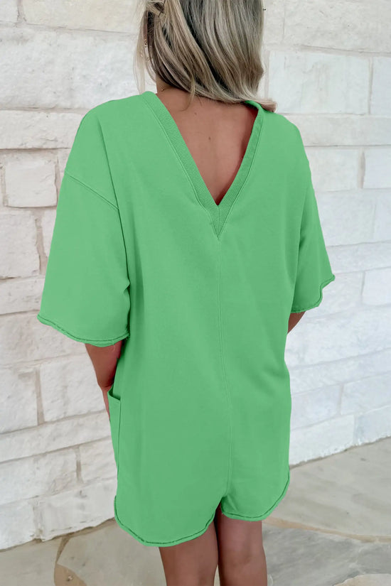 Raw edge half sleeve pocketed loose romper one-pieces