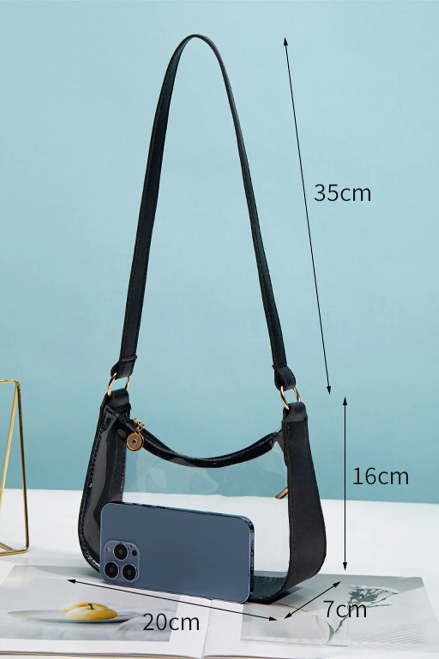Women's clear PU leather shoulder bag lifestyle shot casual