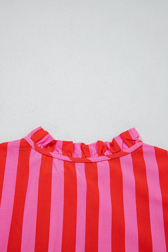 Women's red stripe mini dress detail view puff sleeve button
